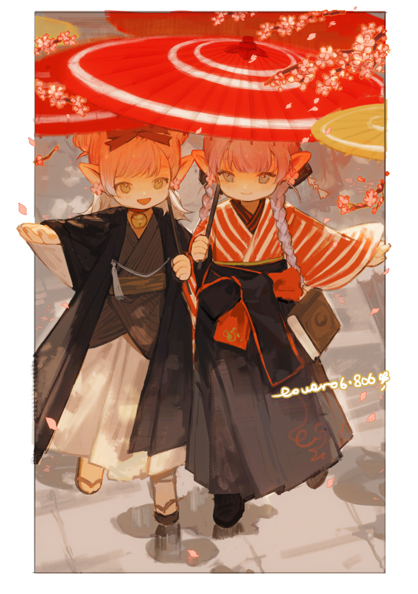 2girls absurdres bell black_kimono black_skirt blonde_hair blue_eyes braid cherry_blossoms closed_mouth falling_petals final_fantasy final_fantasy_xiv flower green_eyes grey_shirt hair_flower hair_ornament highres holding holding_umbrella japanese_clothes jingle_bell kimono lalafell long_hair long_skirt multiple_girls oil-paper_umbrella okobo open_mouth orange_kimono petals pink_hair platform_sandals pointy_ears puddle sandals sash shirt signature skirt smile towero6 twin_braids umbrella white_skirt