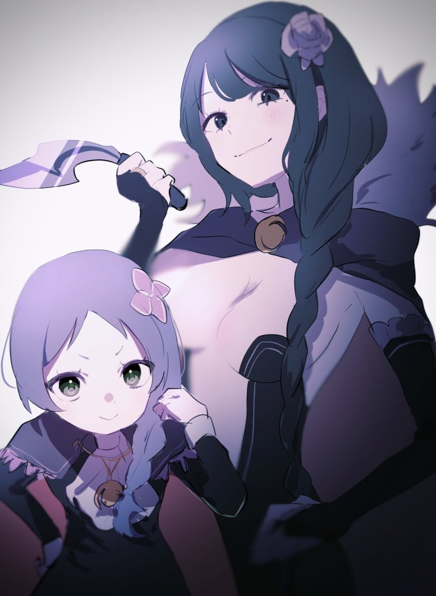 2girls black_dress black_hair braid braided_ponytail breasts bridal_gauntlets cape center_opening cleavage dagger detached_sleeves dress elsa_granhilte flower frilled_sleeves frills fur_trim green_eyes hair_flower hair_ornament highres holding holding_weapon knife large_breasts long_hair looking_at_viewer meili_portroute mole mole_under_eye multiple_girls purple_flower purple_hair purple_rose re:zero_kara_hajimeru_isekai_seikatsu revealing_clothes rose smile weapon