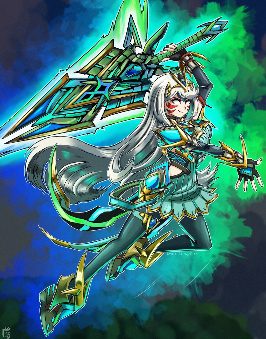 absurdres alternate_color alternate_costume alternate_eye_color alternate_hair_color armor aura black_gloves black_pantyhose blue_gemstone chest_armor chest_jewel corruption crescent crescent_moon crescent_moon_print crescent_moon_symbol crescent_print crossover dark_persona double_helix earrings elbow_gloves evil_smile facial_tattoo fierce_deity fingerless_gloves floating flying gem gloves glowing glowing_weapon hal_laboratory highres holding holding_sword holding_weapon jewelry knee_up leg_up long_hair looking_to_the_side monolith_soft moon mythra_(xenoblade) nintendo no_pupils pantyhose possessed possession shoes skin_tight smile stoic_seraphim super_smash_bros. sword tattoo the_legend_of_zelda the_legend_of_zelda:_majora&#039;s_mask tiara tight_clothes triangle triangle_print weapon white_eyes white_hair wrist_guards xeno_(series) xenoblade_chronicles_(series) xenoblade_chronicles_2