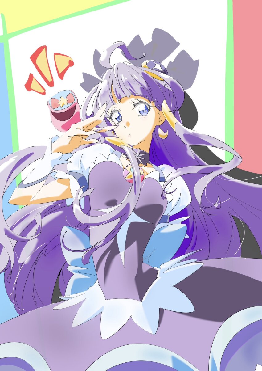 1girl ahoge back_bow birthday blue_bow blue_eyes blunt_bangs bow breasts commentary_request cure_selene dress drop_shadow expressionless hand_up highres huge_ahoge kaguya_madoka long_hair looking_at_viewer low-tied_sidelocks magical_girl medium_breasts notice_lines pouch precure puckered_lips puffy_short_sleeves puffy_sleeves purple_dress purple_hair short_sleeves sidelocks simple_background solo star_twinkle_precure upper_body very_long_hair wrist_cuffs yoshiyama_yuu