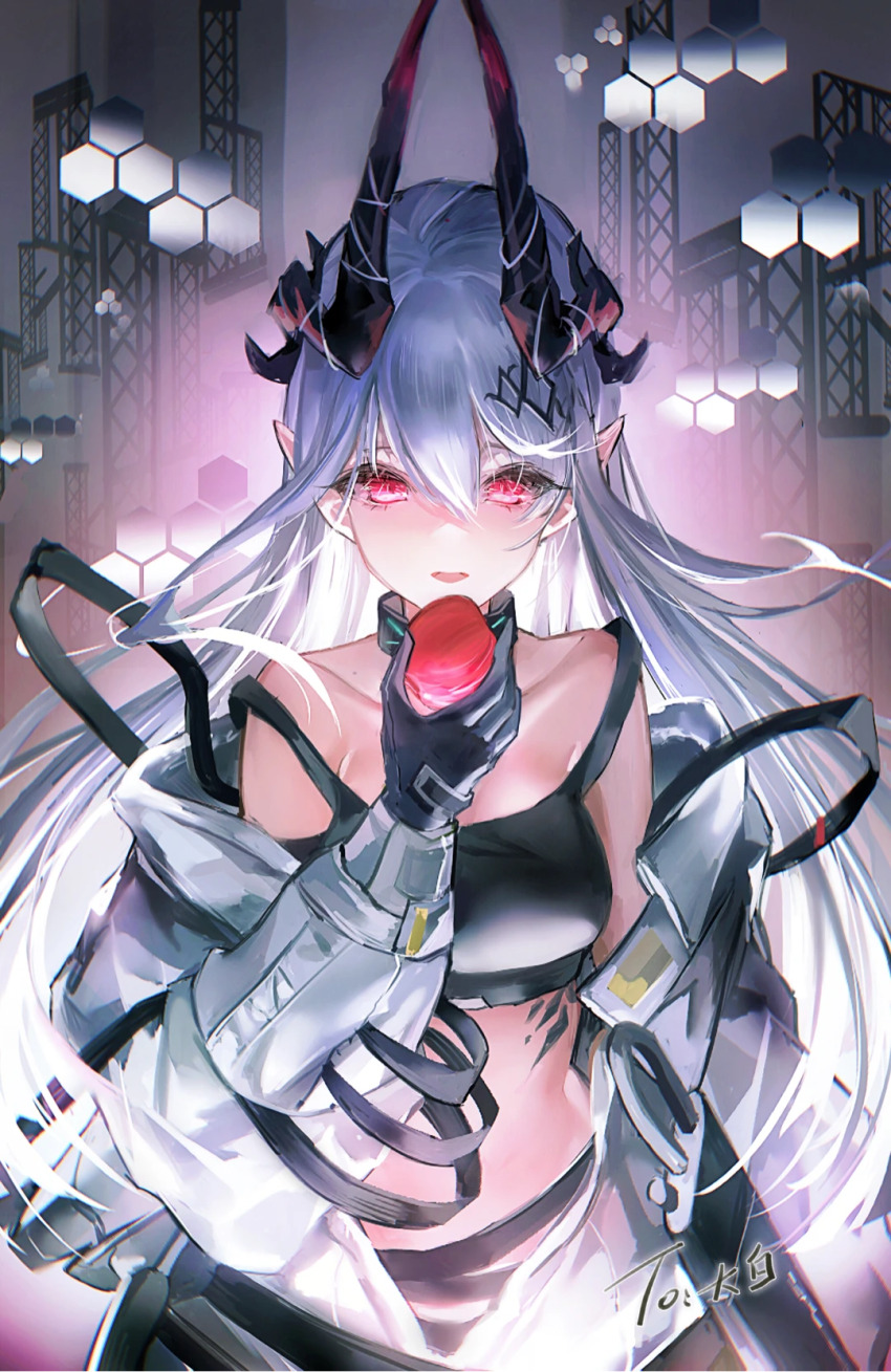 1girl apple arknights bare_shoulders black_gloves black_horns black_sports_bra chinese_commentary collarbone commentary_request crop_top food fruit gloves hair_between_eyes highres holding holding_food holding_fruit horns infection_monitor_(arknights) long_hair long_sleeves making-of_available material_growth meiwei_qiandai_mao mudrock_(arknights) mudrock_(elite_ii)_(arknights) open_mouth oripathy_lesion_(arknights) pink_eyes pointy_ears signature solo sports_bra strap_slip white_hair