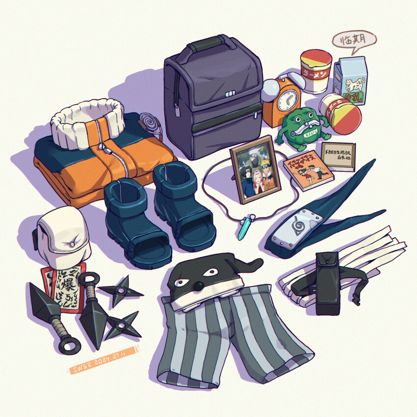 alarm_clock artist_name bag black_boots black_hat book boots chinese_text clock cup_ramen dated equipment_layout grey_male_underwear handbag haruno_sakura hat hatake_kakashi highres iwse_zhang jacket japanese_text jewelry kunai male_underwear milk_carton mixed-language_text naruto naruto_(series) necklace no_humans ofuda open-toe_boots orange_jacket photo_(object) picture_frame pouch shuriken signature speech_bubble still_life striped_male_swimwear translation_request uchiha_sasuke underwear unworn_boots unworn_hat unworn_headband unworn_headwear unworn_jacket unworn_jewelry unworn_male_underwear unworn_necklace uzumaki_naruto weapon white_background zipper zipper_pull_tab