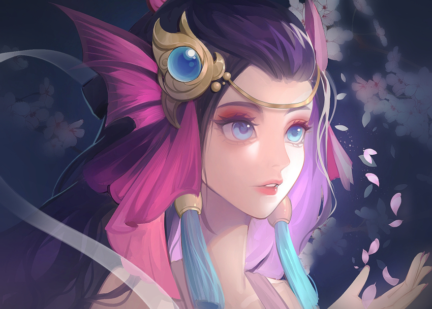 1girl bare_shoulders black_hair blue_eyes fins flower hand_up head_fins highres league_of_legends long_hair nami_(league_of_legends) official_alternate_costume parted_lips petals portrait saikayo solo splendid_staff_nami teeth twintails white_flower
