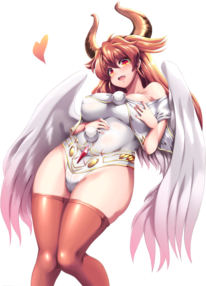 1girl akura_(arc_the_lad) arc_the_lad arc_the_lad_ii breasts closed_mouth highres horns large_breasts leotard long_hair looking_at_viewer red_hair simple_background smile solo thighhighs tokyo_(great_akuta) white_background wings