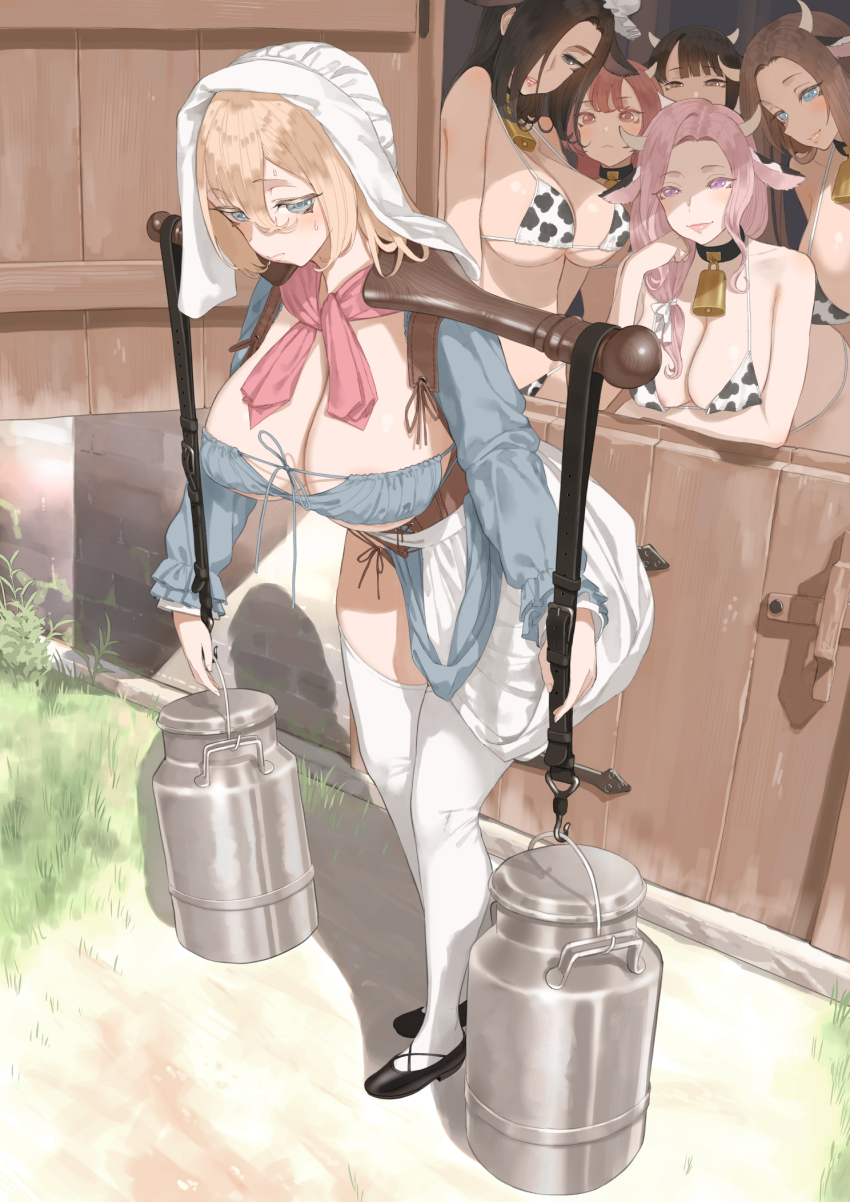 6+girls animal_ears animal_print apron areola_slip arm_under_breasts bell bikini black_choker black_hair black_shoes blue_dress breasts brown_hair canister choker cleavage commentary cow_ears cow_horns cow_print cow_print_bikini cowbell dress english_commentary farm female_focus grass hair_between_eyes headscarf highres holding horns large_breasts long_hair long_sleeves maid maid_apron multiple_girls neck_bell original outdoors pink_hair pink_scarf pitcher_(container) print_bikini purple_eyes red_hair scarf shoes standing swimsuit thighhighs throtem waist_apron white_headscarf white_thighhighs
