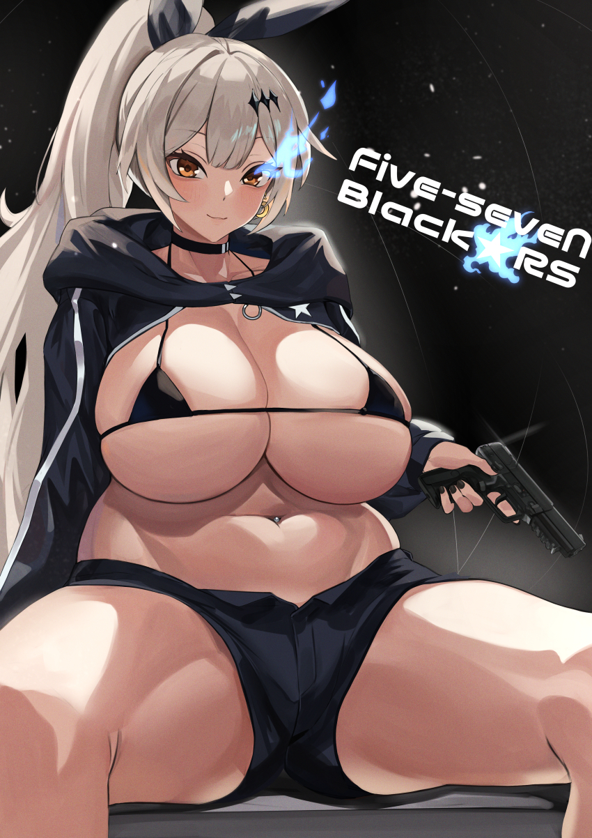 1girl absurdres black_bra black_choker black_jacket black_shorts blue_fire blush bra breasts brown_eyes brown_hair choker cleavage closed_mouth commission curvy earrings fire five-seven_(girls&#039;_frontline) flaming_eye fn_five-seven girls&#039;_frontline gun hair_ornament hair_ribbon handgun highres holding holding_gun holding_weapon huge_breasts jacket jewelry long_hair long_sleeves navel_piercing pdw-caliber_pistol piercing pixiv_commission ponytail ribbon shio05_(05_sio) shorts sitting smile solo spread_legs thick_thighs thighs underboob underwear weapon