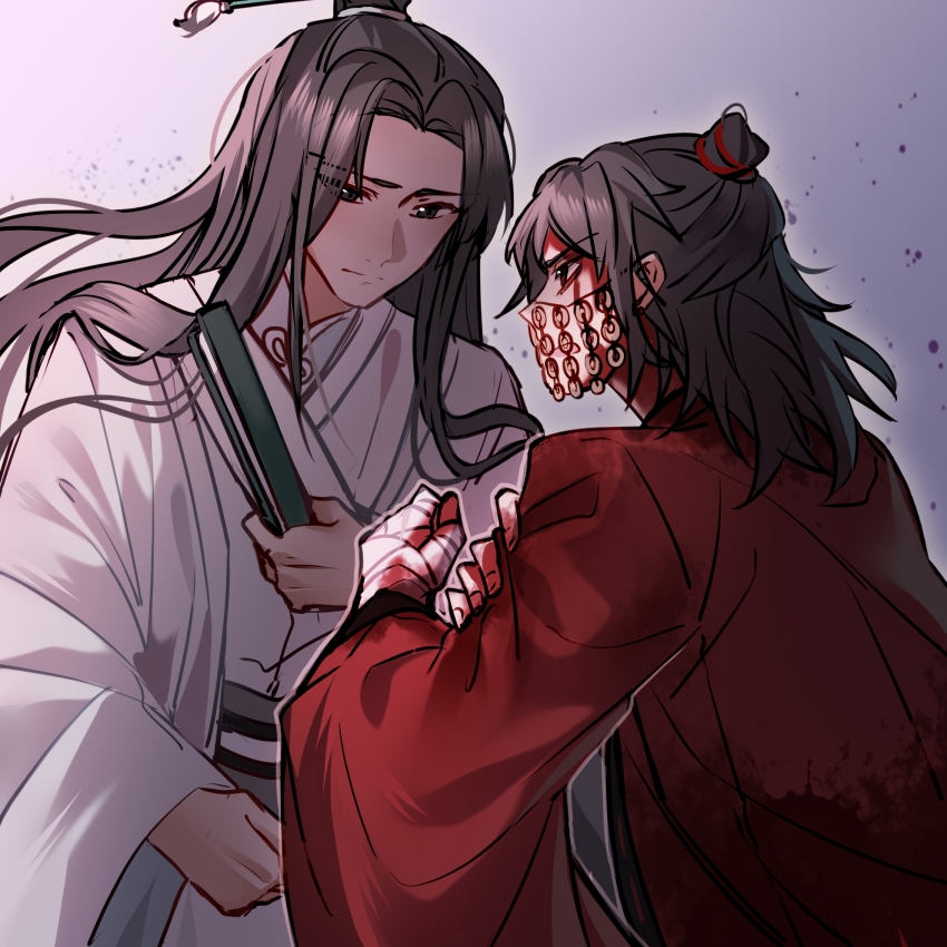 2boys artist_request bandaged_hand bandages black_eyes black_hair blood blood_on_face blood_on_hands chinese_clothes chinese_commentary clenched_hand coin commission dao_gui_yi_xian folded_fan folding_fan hair_bun hair_ornament hair_stick half_updo hand_fan hand_on_own_arm hanfu highres holding holding_fan holed_coin li_huowang long_hair long_sleeves looking_at_another male_focus mask mouth_veil multiple_boys paintbrush_hair_ornament red_eyes red_hanfu robe second-party_source single_hair_bun upper_body veil white_hanfu wide_sleeves yaoi zhuge_yuan