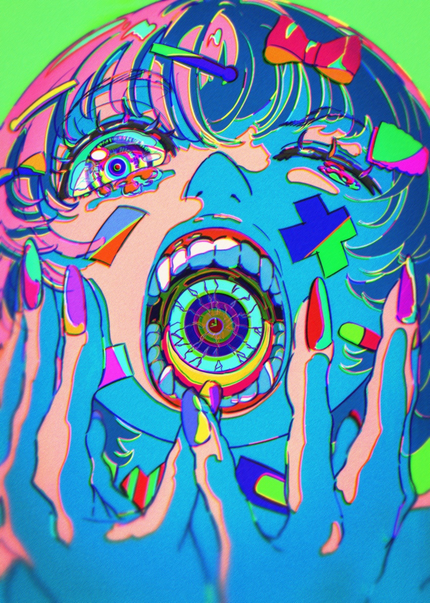 1girl absurdres acid_trip bandaid bandaid_on_face clock crooked_teeth decora eyeball hair_ornament highres lipstick makeup nail_polish neon_palette one_eye_closed original psychedelic screaming surreal tears teeth too_many_stickers umiushi_(di6) what