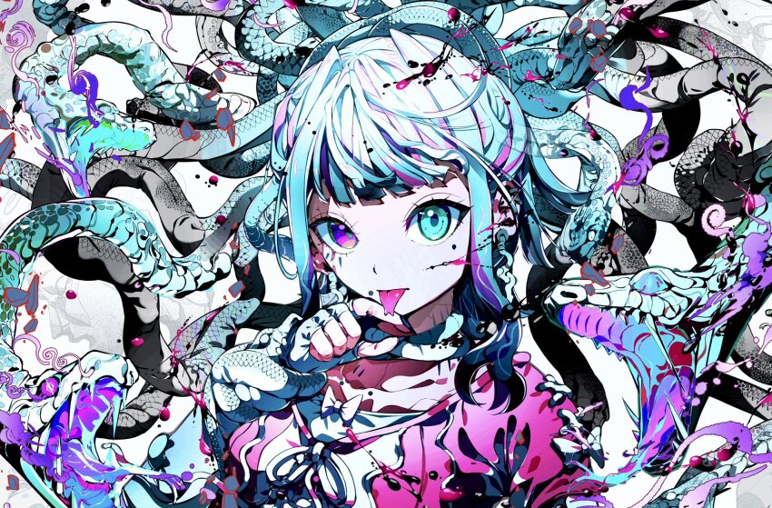 blood blood_on_face blood_splatter bow bowtie collarbone commentary debris ear_ornament fingerless_gloves forked_tongue gloves green_eyes green_hair hand_up hatsune_miku heterochromia highres jacket licking_own_finger long_hair looking_at_viewer parted_lips pink_eyes pink_jacket rakugaki_choo ribbon scar scar_on_face shirt snake snake_hair snake_wrapped_around_arm snake_wrapped_around_neck tongue upper_body vocaloid white_background white_bow white_bowtie white_gloves white_ribbon white_shirt