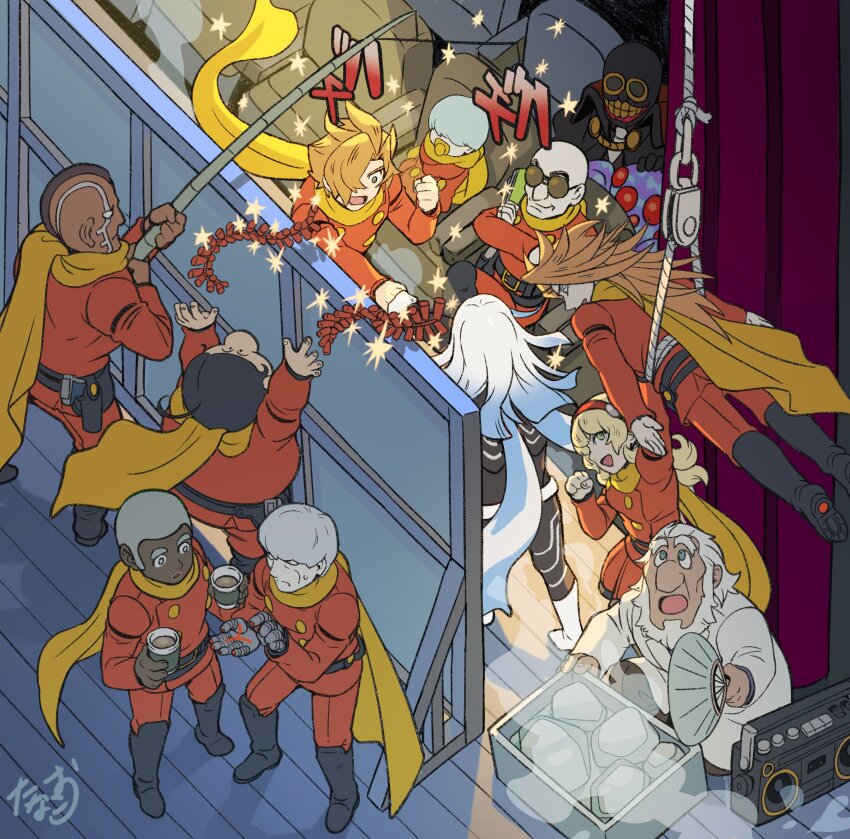 0010_(cyborg_009) albert_heinrich black_boots black_ghost blonde_hair boots brown_hair chang_changku cyborg cyborg_009 francoise_arnoul geronimo_jr great_britain_(cyborg_009) highres isaac_gilmore ivan_whisky jet_link military_uniform pyunma scarf shimamura_joe tanaotanako yellow_scarf