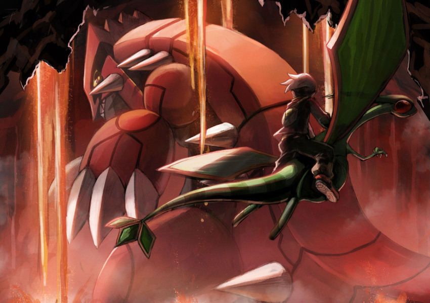 1boy bag beanie brendan_(pokemon) bright_pupils brown_eyes claws colored_sclera commentary_request flygon flying gen_3_pokemon groudon hat highres hisui-cha jacket lava legendary_pokemon looking_back male_focus nintendo pants pokemon pokemon_(creature) pokemon_rse riding riding_pokemon shoes spikes yellow_sclera