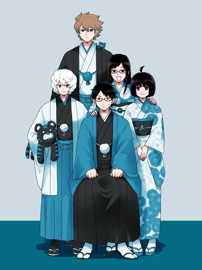 2girls 3boys :d ahoge amatori_chika aqua_coat aqua_sandals aqua_theme black_footwear black_hair black_hakama black_kimono black_socks blue_coat blue_footwear blue_hakama blue_kimono blue_theme bob_cut brown_hair carrying carrying_under_arm closed_mouth coat floral_print full_body geta glasses grey_background hakama hand_on_another&#039;s_shoulder haori haori_himo happy highres japanese_clothes kimono kuga_yuuma long_hair long_sleeves looking_at_viewer mikumo_osamu multiple_boys multiple_girls nervous open_mouth own_hands_together red_eyes rism02682 sandals semi-rimless_eyewear short_hair sitting smile socks standing stuffed_animal stuffed_tiger stuffed_toy tabi under-rim_eyewear usami_shiori v_arms white_coat white_hair white_kimono white_socks wide_sleeves world_trigger zouri