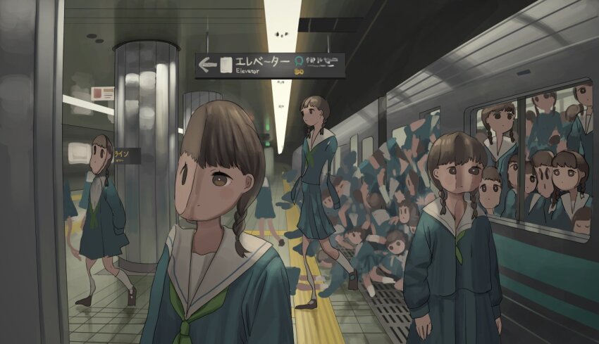6+girls blue_serafuku blue_skirt blush_stickers body_horror braid brown_eyes brown_hair closed_mouth dot_mouth expressionless green_neckerchief indoors kneehighs low_twin_braids multiple_girls neckerchief original sailor_collar school_uniform serafuku short_hair skirt socks surreal tensen_(dotted_line) tile_floor tiles train train_station_platform twin_braids walking white_sailor_collar white_socks