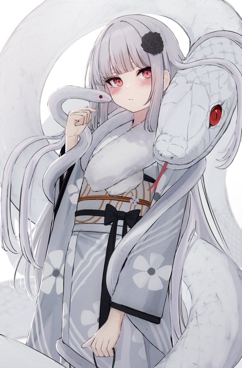 1girl animal black_flower black_rose blunt_bangs blush chinese_zodiac closed_mouth expressionless flower fur_collar fur_trim giant_snake grey_kimono hair_flower hair_ornament highres hime_cut holding_animal holding_snake japanese_clothes kimono looking_at_viewer mole mole_under_eye original oversized_animal red_eyes rose simple_background snake snake_on_shoulder solo straight_hair tanshio white_background white_hair year_of_the_snake