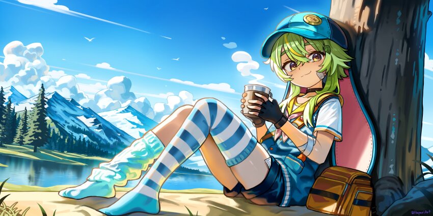 1girl absurdres against_tree animal_ear_headwear animal_ears artist_name asymmetrical_legwear bag bandaged_arm bandages bandaid bandaid_on_cheek bandaid_on_face bandaid_on_thigh black_choker black_gloves black_shorts blonde_hair bloom blue_hat blue_leg_warmers blue_sky blue_sweater_vest blue_thighhighs brown_bag choker closed_mouth cloud colored_lineart commission crossed_bangs cumulonimbus_cloud cup day double-parted_bangs drink droopy_ears fake_animal_ears fingerless_gloves flat_chest flipped_hair full_body gloves green_hair hair_between_eyes hair_ornament hands_up happy hat hepari highres holding holding_cup indie_virtual_youtuber lake leaf_hair_ornament leg_warmers light_smile looking_at_viewer lop_rabbit_ears mismatched_legwear mountainous_horizon mug multicolored_hair neckerchief no_shoes outdoors petite pine_tree pink_neckerchief pocket rabbit_ears scout_uniform second-party_source shirt short_hair_with_long_locks short_shorts short_sleeves shorts signature simple_bird single_leg_warmer single_thighhigh sitting sky solo split_mouth steam streaked_hair striped_clothes striped_thighhighs sweater_vest thighhighs tree two-handed two-tone_thighhighs unworn_bag white_shirt white_thighhighs yellow_collar yellow_eyes