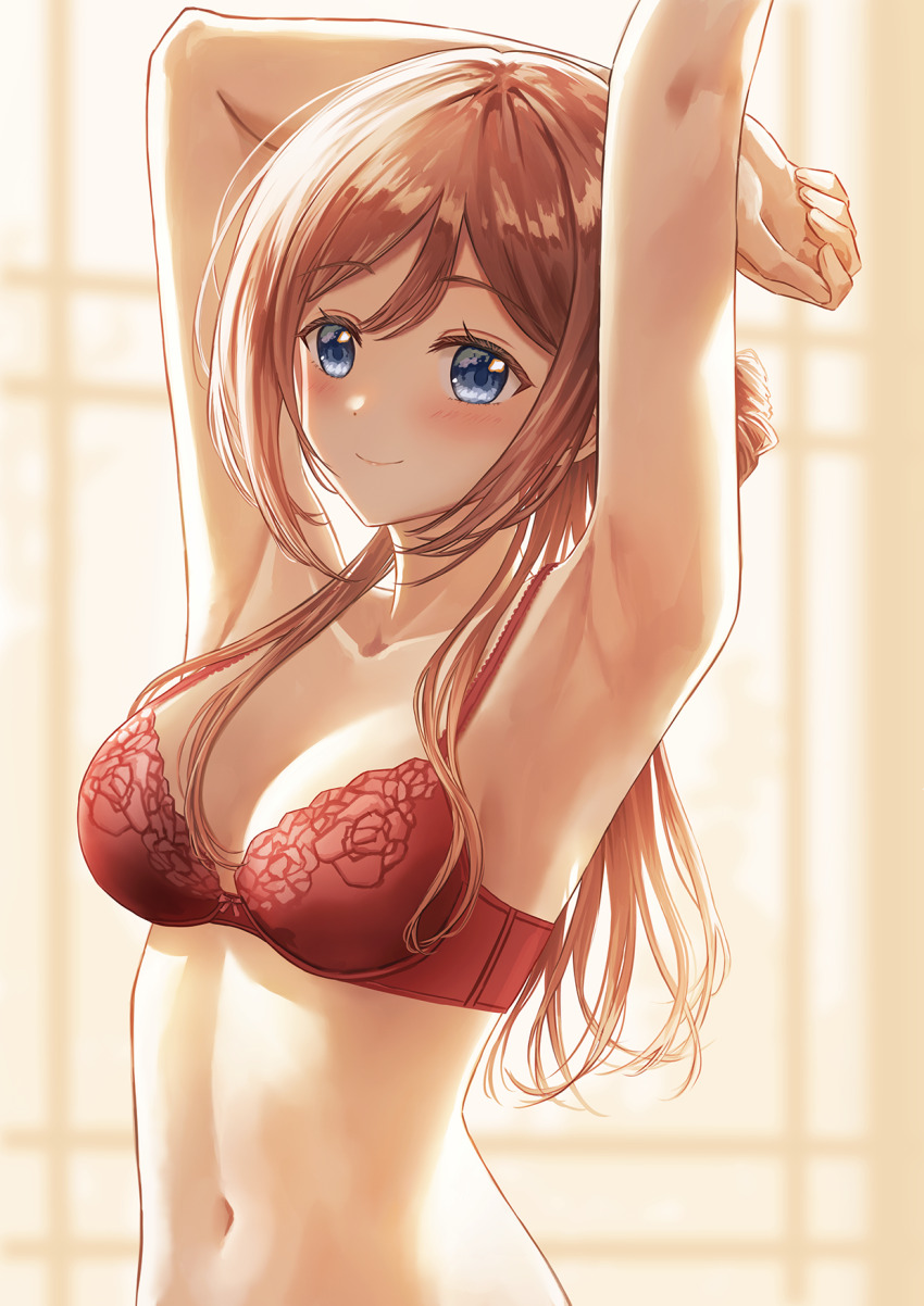 1girl armpits arms_up blue_eyes blush bra breasts brown_hair collarbone commentary gakuen_idolmaster highres himesaki_rinami idolmaster indoors linea_alba lingerie long_hair looking_at_viewer medium_breasts navel rapnit red_bra smile solo stomach underwear underwear_only very_long_hair