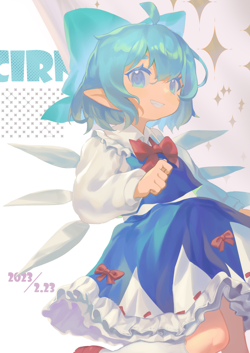 1girl absurdres ahoge blue_bow blue_dress blue_eyes blue_hair bow cirno collared_shirt dated detached_wings dress fairy grin hair_between_eyes hair_bow highres hxj_(2324184595) ice ice_wings long_sleeves red_shoes shirt shoes short_hair smile socks solo touhou white_shirt white_socks wings