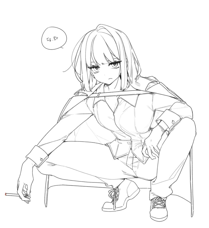 1girl absurdres bob_cut cigarette closed_mouth collared_shirt highres jacket jacket_on_shoulders korean_text limbus_company long_sleeves looking_at_viewer pants project_moon rw0419 ryoshu_(project_moon) shirt short_hair smoking solo speech_bubble squatting tiptoes translation_request