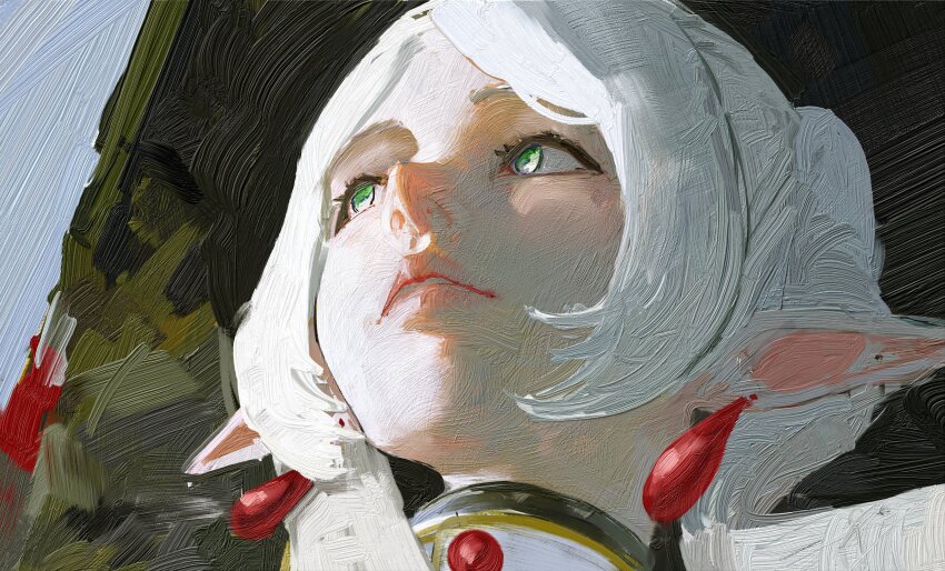 absurdres brush_stroke collar daodtt earrings faux_traditional_media frieren green_eyes highres jewelry looking_up meme parted_bangs pointy_ears sousou_no_frieren teardrop_earrings upward_angle_frieren_drawing_(meme) white_hair