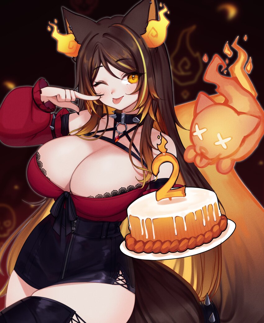 1girl ;p absurdres animal_ears black_nails black_skirt blonde_hair breasts brown_hair cake cleavage collar colored_inner_hair earrings fiery_ears finger_to_cheek fingernails food high-waist_skirt highres indie_virtual_youtuber jewelry large_breasts long_hair milestone_celebration multicolored_hair one_eye_closed orange_hair second-party_source sharp_fingernails sinder_(vtuber) sinder_(vtuber)_(sinder_2.0) skirt sky_above_me spiked_collar spikes streaked_hair tail tail_ornament tongue tongue_out virtual_youtuber wolf_ears wolf_girl wolf_tail x_x