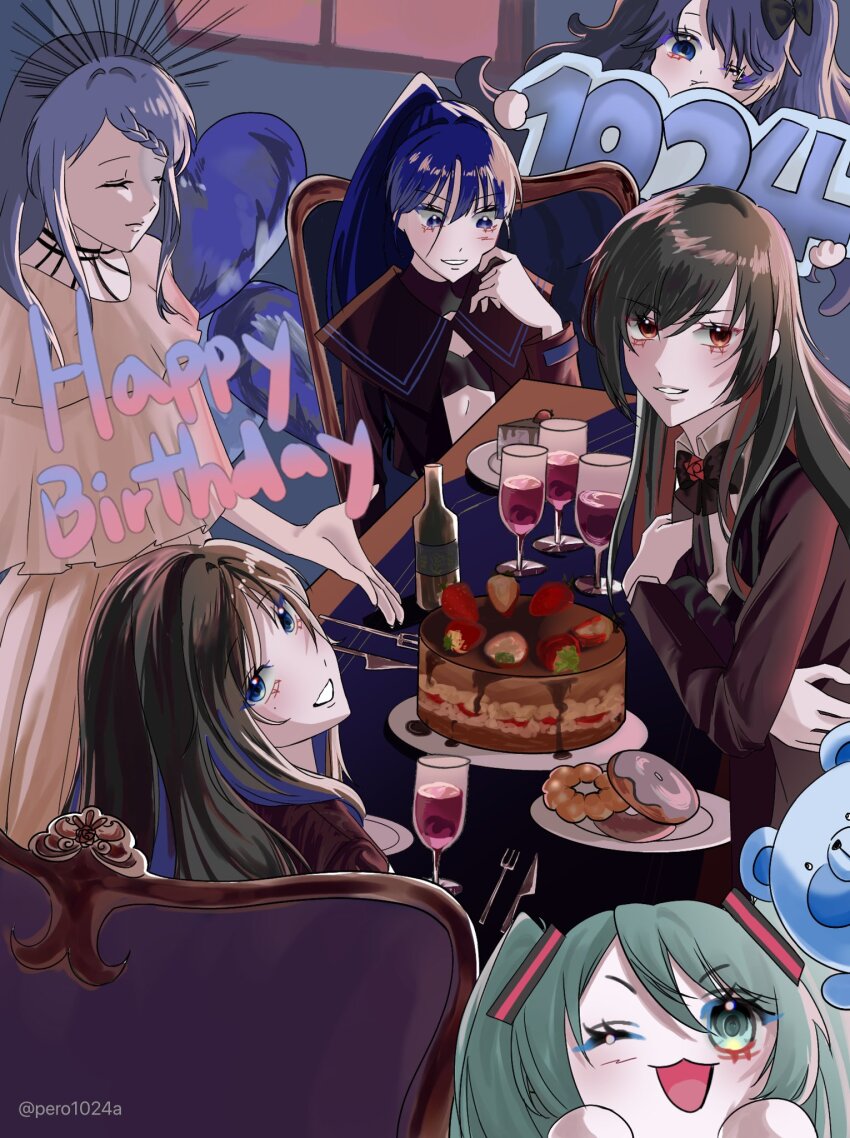 6+girls :3 ado_(utaite) aqua_hair bikini birthday_cake black_bikini black_hair black_sailor_collar black_shirt blue_eyes blue_hair blush bottle braid braided_bangs breasts cake chair chando_(ado) chibi cleavage colored_inner_hair commentary_request cup dated donut dress drinking_glass food gira-gira-chan_(ado) gira_gira gloves happy_birthday hatsune_miku heart highres korean_commentary long_hair long_sleeves lucky_bruto midriff mole mole_under_eye multicolored_hair multiple_girls naima_(ado) navel one_eye_closed open_clothes open_mouth open_shirt pero1024a red_eyes red_hair sailor_collar shirt sitting swimsuit twintails usseewa utaite vocaloid white_dress white_gloves wine_glass