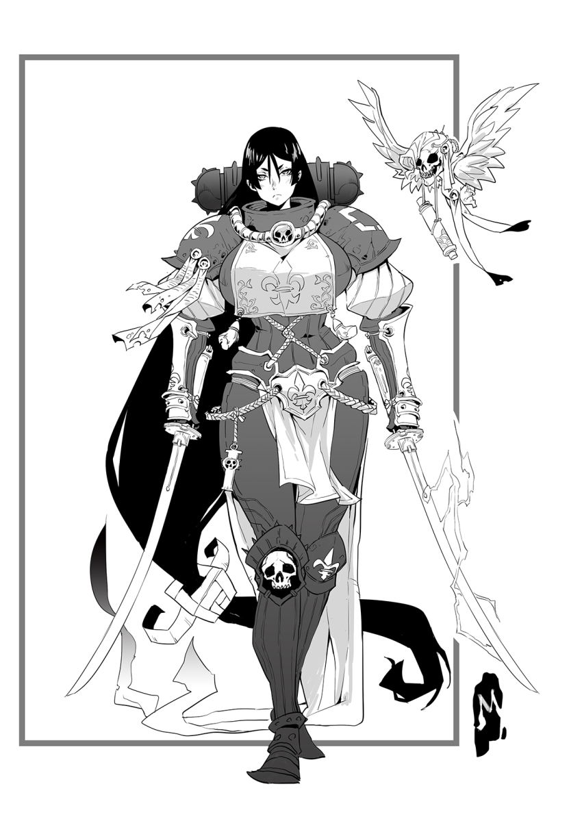 absurdly_long_hair armor boobplate breastplate crossover dual_wielding fate/grand_order fate_(series) frown full_armor greyscale helmet highres holding katana long_hair low-tied_long_hair minamoto_no_raikou_(fate) monochrome power_armor rmulderz shoulder_armor skull solo sword unworn_headwear unworn_helmet very_long_hair walking warhammer_40k weapon wings