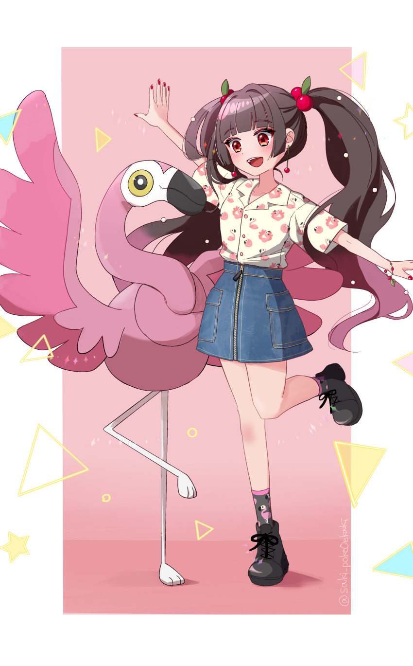 1girl :d absurdres black_footwear black_socks blue_skirt brown_hair closed_mouth collared_shirt colored_tips commentary_request denim denim_skirt earrings eyelashes flamigo highres jewelry long_hair multicolored_hair nail_polish nintendo open_mouth original outstretched_arms pink_background pink_hair pokemon pokemon_(creature) red_eyes saki_pokeoekaki shirt shoes simple_background skirt smile socks sparkle spread_arms standing standing_on_one_leg star_(symbol) teeth twitter_username two-tone_hair upper_teeth_only white_background white_shirt zipper