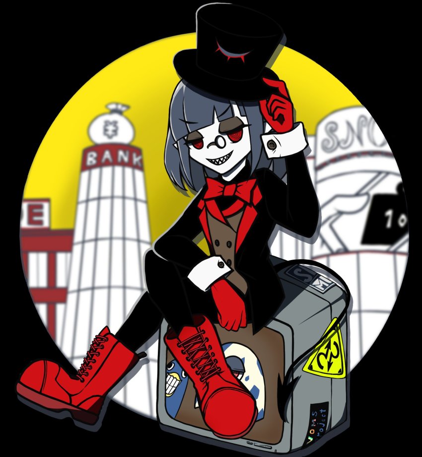 1girl arm_up arrow_(symbol) black_hat black_jacket black_pantyhose black_shirt blurry blurry_background boots bow bowtie brown_vest building commentary_request crossed_legs demon_tail depth_of_field drop_shadow evil_grin evil_smile female_focus full_body gloves grey_hair grin gyari_(bird) hand_on_headwear hat highres jacket jitomi_monoe kagami_mochi_(mochi_11ka) lace-up_boots long_hair long_sleeves looking_at_viewer money_bag pantyhose red_boots red_bow red_bowtie red_eyes red_gloves ringed_eyes sharp_teeth shirt smile solo tail teeth top_hat topless_female v-shaped_eyebrows vest virtual_youtuber voms yen_sign