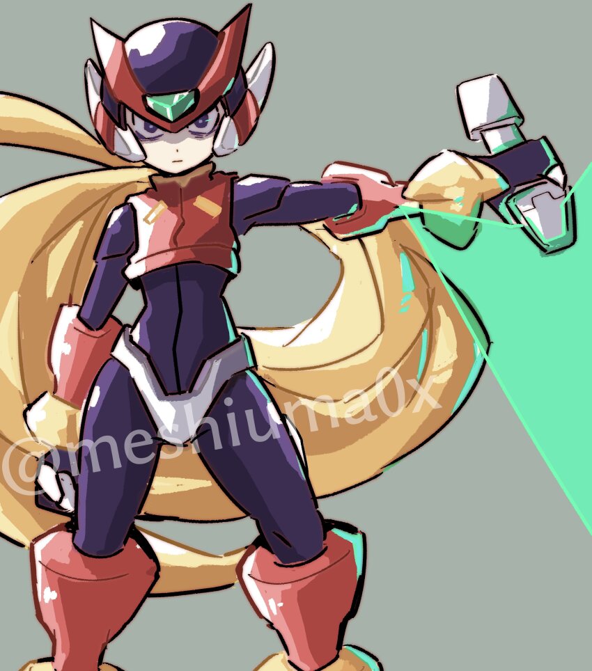 1boy absurdres android armor black_eyes blonde_hair commentary_request energy_sword feet_out_of_frame forehead_jewel grey_background helmet highres holding holding_sword holding_weapon long_hair male_focus mega_man_(series) mega_man_zero_(series) meshiuma0x red_armor red_helmet solo sword twitter_username weapon z_saber zero(z)_(mega_man) zero_(mega_man)