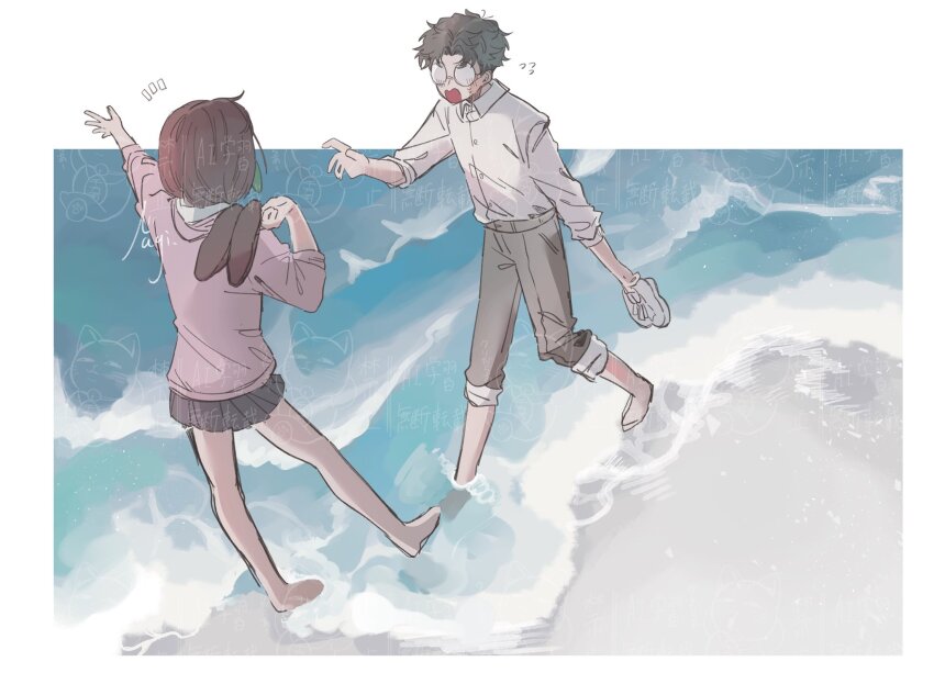 1boy 1girl ayase_momo barefoot beach black_hair blush border brown_hair collared_shirt dandadan full_body glasses grey_pants grey_skirt highres holding holding_shoes holding_unworn_clothes medium_hair n_nagi3 ocean outstretched_hand pants pants_rolled_up pink_sweater pleated_skirt round_eyewear school_uniform shirt shirt_under_sweater shoes short_hair skirt sleeves_rolled_up soaking_feet sweatdrop sweater takakura_ken_(dandadan) unworn_shoes wavy_mouth white_border white_shirt