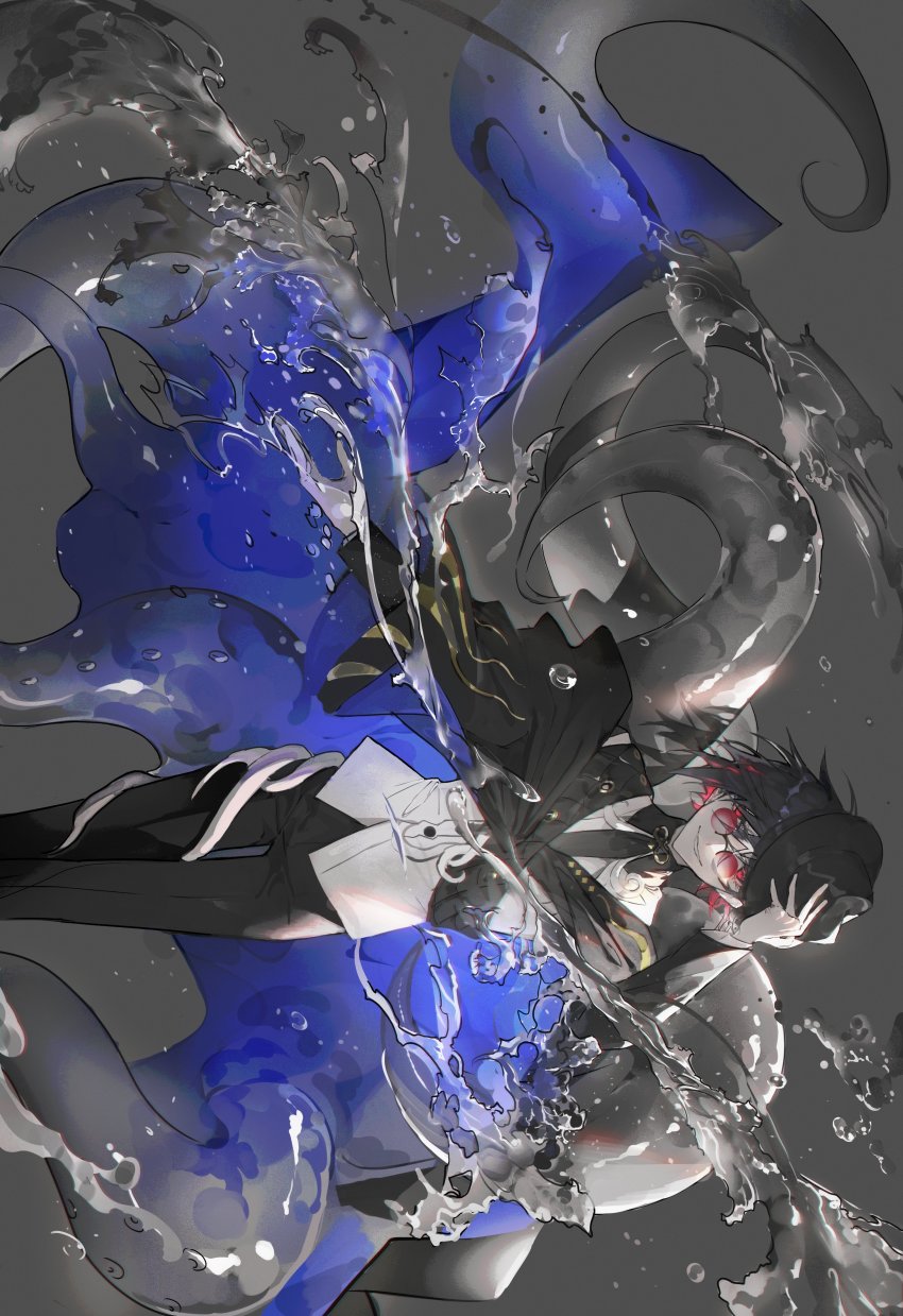 1boy absurdres alchemy_stars black_hair hat highres kleken_(alchemy_stars) red_eyes red_hair sunglasses tentacles top_hat water