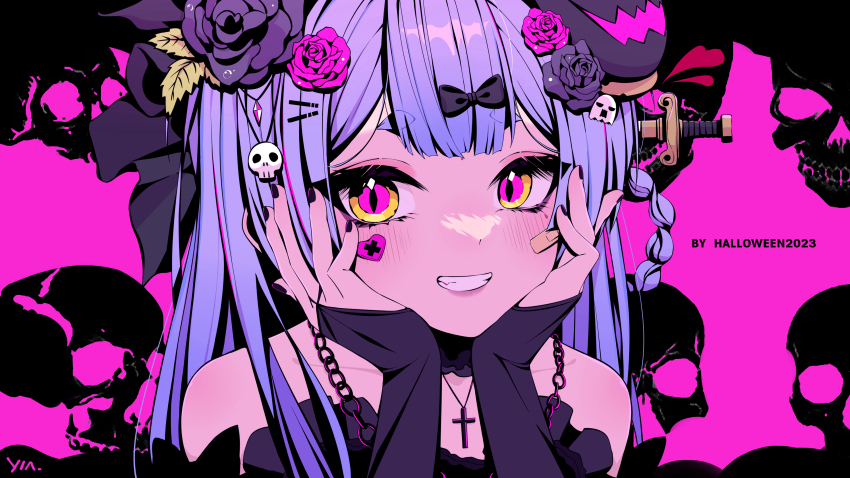 1girl 2023 absurdres azusa_(vtuber) virtuareal_link black_background black_flower black_nails black_ribbon blue_hair chain chuansongdai cross flower grin hair_flower hair_ornament hair_ribbon hairclip halloween hands_on_own_face highres nijisanji pink_background pink_flower portrait ribbon skull smile solo virtual_youtuber virtuareal