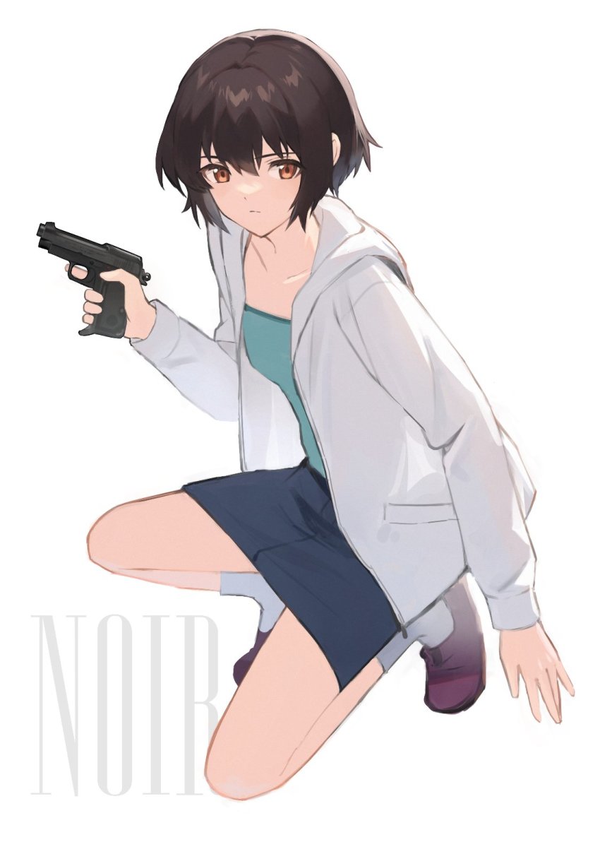 1girl beretta_m1934 black_hair bob_cut brown_eyes commentary_request copyright_name gun handgun highres holding holding_gun holding_weapon hood hood_down hooded_jacket jacket noir_(anime) pistol shiroyama_soh short_hair skirt sleeveless sleeveless_turtleneck solo trigger_discipline turtleneck weapon yuumura_kirika