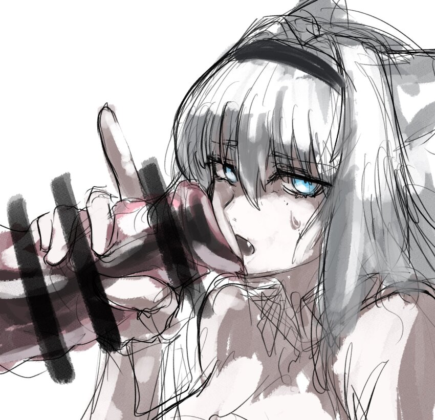 1girl animal_ears animal_penis bestiality blue_eyes cat_ears cat_girl censored dobrynya_nikitich_(fate) fate/grand_order fate_(series) fellatio highres horse horse_penis interspecies maabo_harusame oral penis sweat sweatdrop uncomfotable bad_tag white_hair