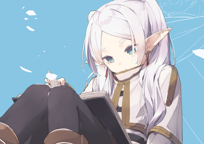 1boy 1girl ankle_boots blue_background book boots brown_boots capelet closed_mouth commentary earrings elf floating_earrings frieren green_eyes highres jewelry knees_up long_hair long_sleeves looking_down open_book out_of_frame pantyhose parted_bangs pointy_ears rb2 reading shirt sitting solo_focus sousou_no_frieren stark_(sousou_no_frieren) striped_clothes striped_shirt teardrop_earrings thick_eyebrows turning_page twintails white_capelet white_hair
