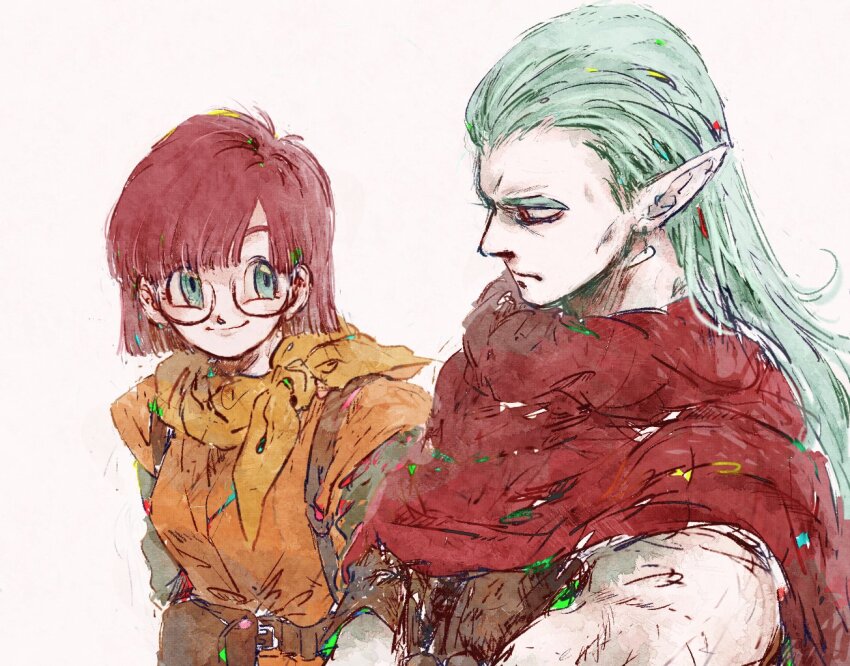 1boy 1girl amakekke blunt_bangs blunt_ends breasts chrono_trigger cloak closed_eyes crossed_arms earrings glasses grey_hair hair_slicked_back jewelry long_hair looking_at_another lucca_ashtear magus_(chrono_trigger) medium_breasts neckerchief orange_tunic pointy_ears purple_hair red_cloak short_hair smile suspenders tooth_earrings tunic upper_body white_background yellow_neckerchief