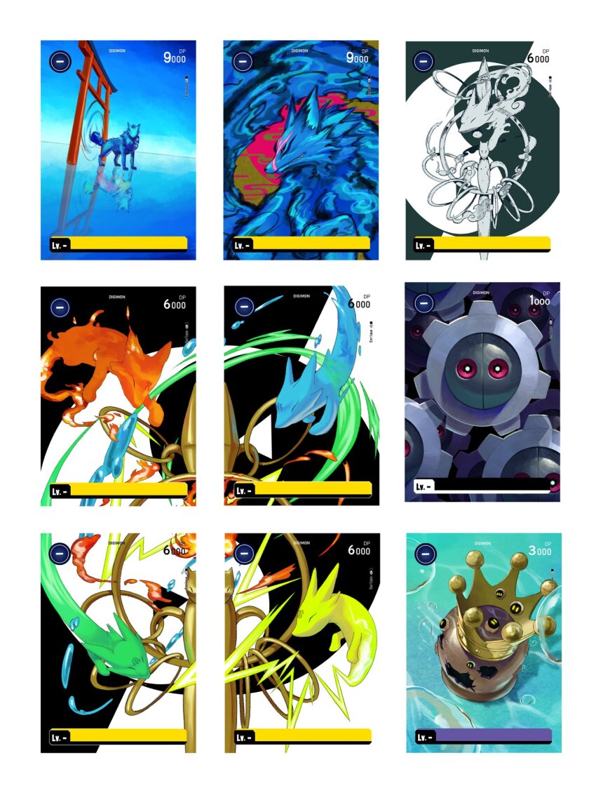 bird bubble crow digimon digimon_(creature) digimon_card_game energy fox fujitsumon highres kohagurumon looking_at_viewer sakuyamon sakuyamon_x-antibody yellow_eyes yin_yang