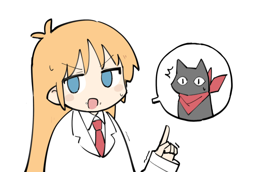 1girl animal antenna_hair blue_eyes cat food food_on_face fusazakura lab_coat long_hair necktie nichijou orange_hair professor_shinonome sakamoto_(nichijou) sweatdrop white_background