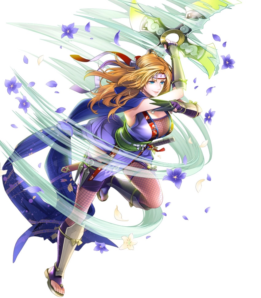 1girl arm_guards attack blonde_hair blue_eyes blue_scarf bodystocking breasts cleavage fire_emblem fire_emblem:_radiant_dawn fire_emblem_heroes fishnet_bodystocking fishnets fuuma_shuriken heather_(fire_emblem) heather_(ninja)_(fire_emblem) highres holding holding_shuriken holding_weapon japanese_clothes large_breasts long_hair lunge ninja nintendo non-web_source official_alternate_costume official_art pelvic_curtain sandals scarf shin_guards shuriken smile solo weapon wind zouri