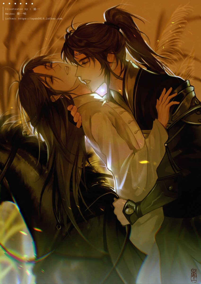 2boys armor artist_name black_hanfu brown_hair chinese_clothes closed_eyes cowboy_shot hand_on_another&#039;s_back hand_on_another&#039;s_shoulder hanfu headband high_ponytail highres holding holding_reins horse horseback_riding long_hair male_focus multiple_boys open_mouth outdoors ponytail qiang_jin_jiu reins riding saddle shen_zechuan shoulder_armor sitting smile teeth upper_teeth_only white_hanfu xiao_chiye yan_yigu yaoi