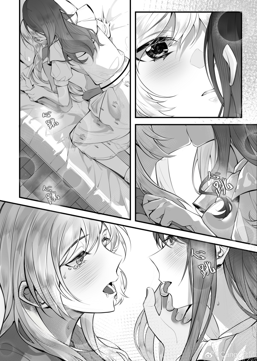 2girls absurdres bang_dream! bang_dream!_it&#039;s_mygo!!!!! blush cang_(akaga204) chihaya_anon chinese_commentary commentary_request dress greyscale highres holding_another&#039;s_wrist kiss long_hair monochrome multiple_girls nagasaki_soyo open_mouth puffy_short_sleeves puffy_sleeves saliva school_uniform short_sleeves sidelocks straddling tearing_up tongue tongue_out tsukinomori_school_uniform watermark weibo_watermark yuri