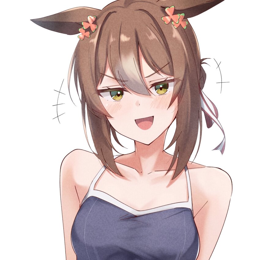 1girl :d blush breasts brown_hair collarbone fine_motion_(umamusume) highres horse_girl looking_at_viewer medium_breasts open_mouth pandoa_(mikage0495) short_hair sidelocks smile solo tracen_swimsuit umamusume upper_body