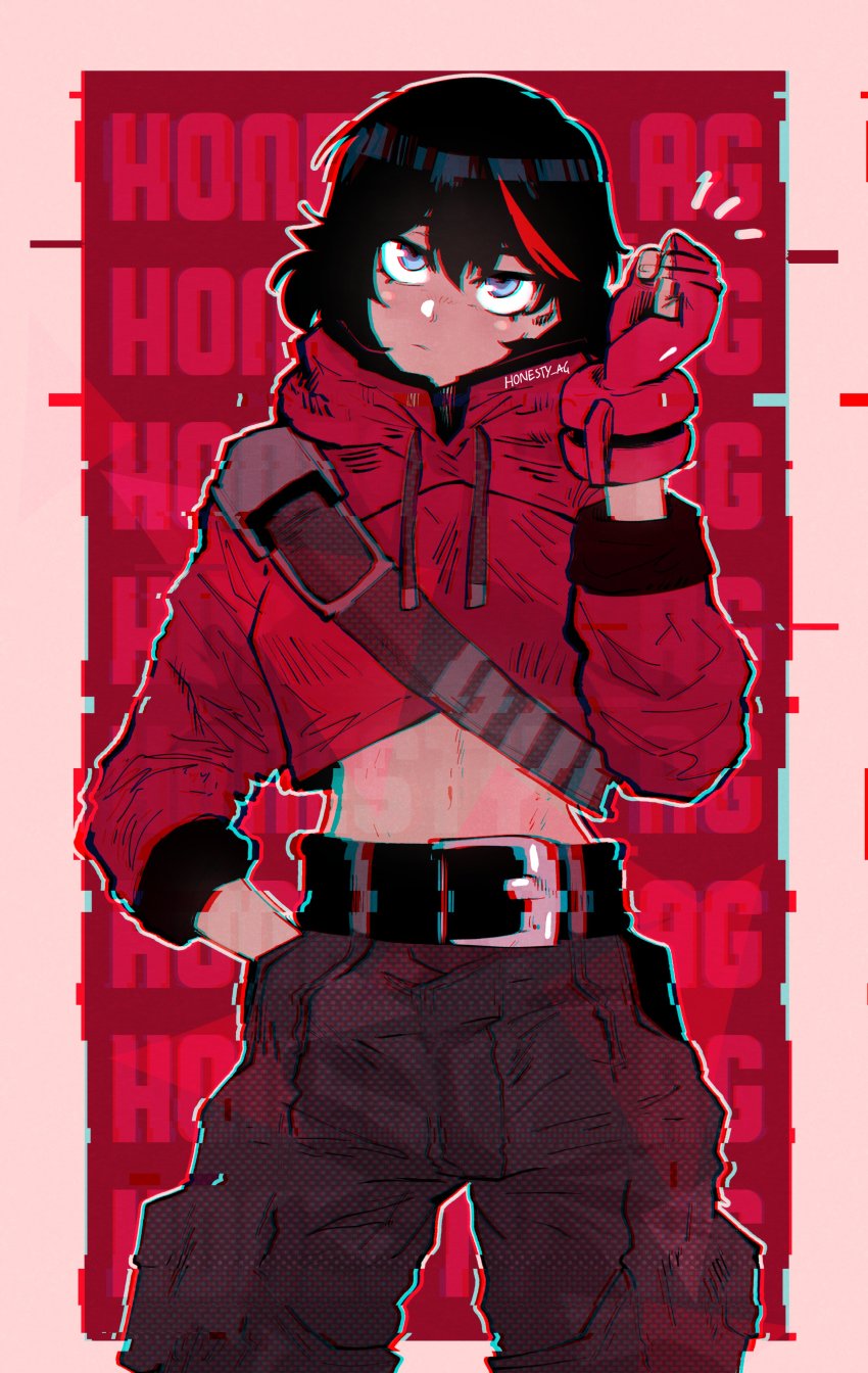 1girl absurdres alternate_costume artist_name bad_id bad_twitter_id belt belt_buckle black_belt black_hair blue_eyes buckle chromatic_aberration commentary cropped_hoodie drawstring english_commentary expressionless fingerless_gloves glitch gloves hair_between_eyes halftone hand_in_pocket highres honesty_ag hood hood_down hoodie kill_la_kill looking_up matoi_ryuuko midriff multicolored_hair navel outline pants red_gloves red_hair red_hoodie screentones short_hair single_glove solo standing streaked_hair white_outline