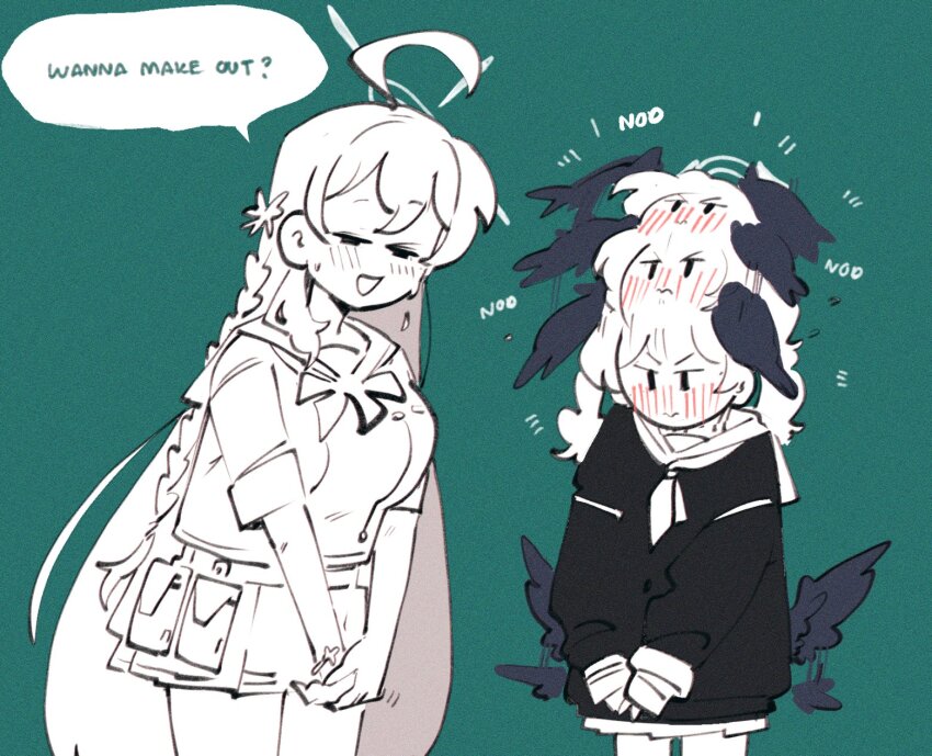 2girls afterimage ahoge blue_archive braid closed_mouth english_text green_background halo hanako_(blue_archive) head_wings highres kinzaibatsu91 koharu_(blue_archive) long_hair low_wings multiple_girls neckerchief nodding open_mouth shirt short_sleeves simple_background single_braid skirt sleeves_past_wrists smile speech_bubble twintails very_long_hair wanna_make_out?_(meme) wings