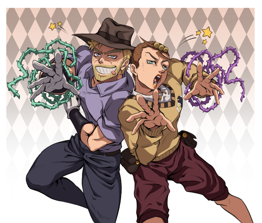 2boys alternate_color argyle_background argyle_clothes beard blonde_hair brown_hair facial_hair florakinesis gloves grin hat hermit_purple highres jojo_no_kimyou_na_bouken jojolion joseph_joestar joseph_joestar_(old) kristallion male_focus multiple_boys name_connection old old_man plant shorts smile stand_(jojo) stardust_crusaders sweater thorns vines white_gloves