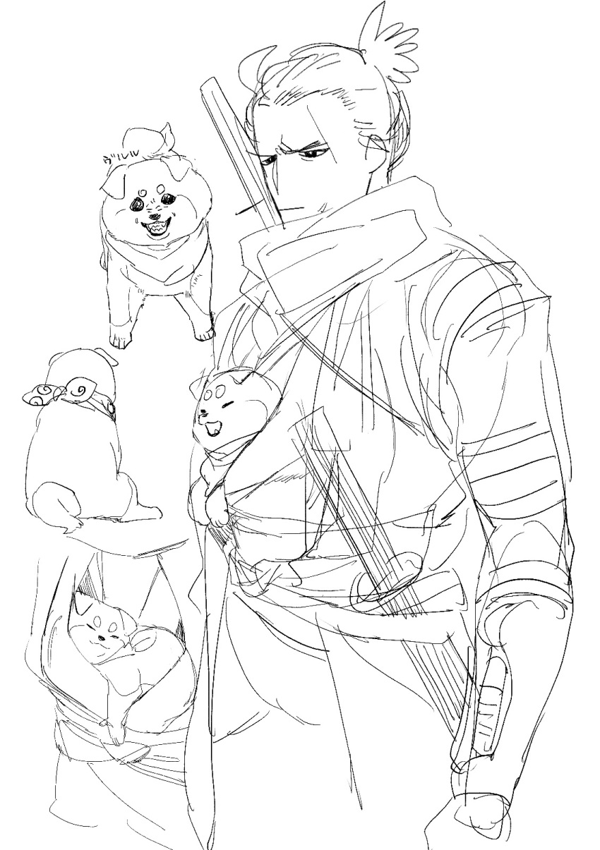 1boy closed_mouth dog expressionless greyscale highres japanese_clothes katana kimono male_focus monochrome neckerchief ninja open_mouth piyomotsu scar scar_on_face scarf sekiro sekiro:_shadows_die_twice sword topknot weapon