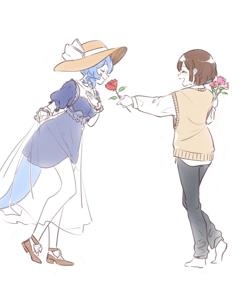2girls bao_(vtuber) blue_dress blue_eyes bob_cut breasts brown_hair commentary curtsey dress english_commentary fins fish_tail flower hat highres holding holding_flower indie_virtual_youtuber long_skirt multiple_girls original pink_flower pink_rose red_flower red_rose rose see-through_clothes see-through_skirt short_dress short_hair skirt skirt_hold small_breasts sweater_vest tail tama_gotoh virtual_youtuber wrist_cuffs yellow_sweater_vest yoruny