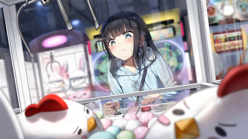 1girl 3: arcade arcade_cabinet ball black_hair blue_eyes blue_hoodie blurry blurry_background blurry_foreground blush coin commentary_request crane_game depth_of_field from_inside highres hood hoodie indoors long_hair long_sleeves original sidelocks solo stuffed_animal stuffed_chicken stuffed_toy superpig v-shaped_eyebrows