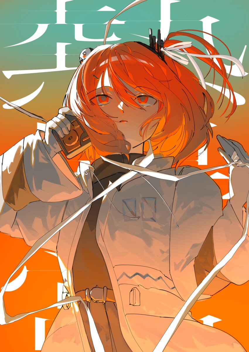 1girl a.i._voice absurdres adachi_rei aqua_background belt black_shirt cassette_player flat_chest floating_hair from_above gloves gradient_background grey_skirt hair_between_eyes hair_ribbon hands_up headlamp highres holding jacket long_sleeves looking_ahead netsu_ijou_(utau) open_clothes open_jacket orange_background orange_belt orange_eyes orange_hair parted_lips radio_antenna ribbon shirt side_ponytail skirt solo utau white_gloves white_jacket white_ribbon xxxiga7