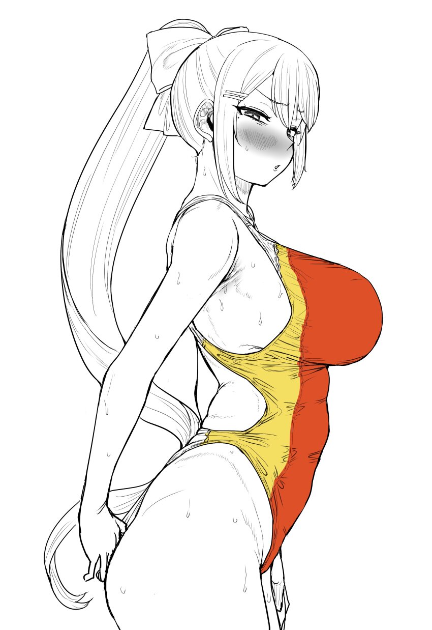 1girl absurdres blush breasts competition_swimsuit greyscale highres higuchi_kaede kaiman_garupan large_breasts mole mole_under_eye monochrome nijisanji one-piece_swimsuit orange_one-piece_swimsuit pov solo sweat swimsuit thighhighs virtual_youtuber